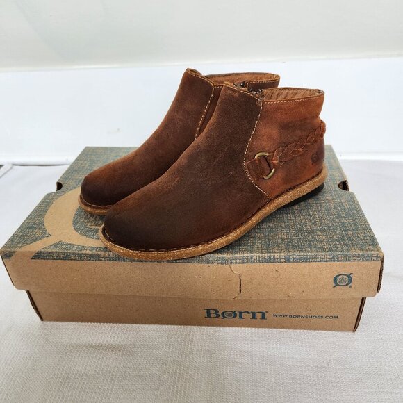 Born Shoes - Born Boots Women's 8M Brown Suede Leather Toya Woven Strap Zip Up Ankle Booties